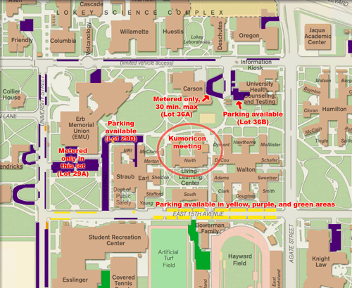 subset of University of Oregon parking map showing meeting building