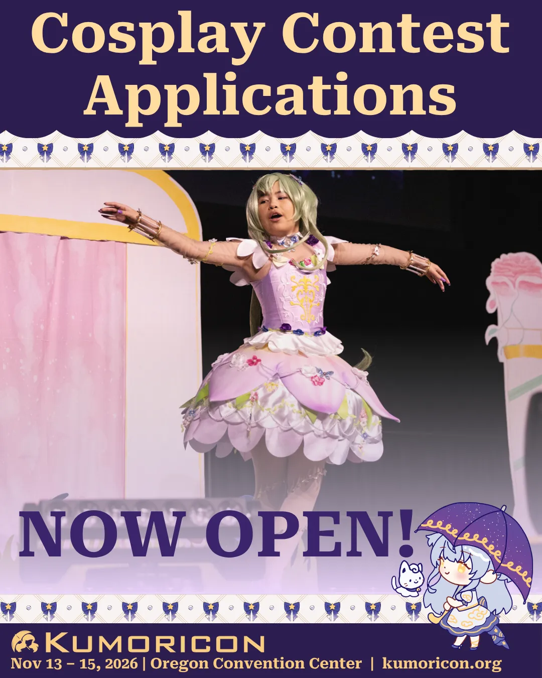 Announcement that says 'Cosplay contest application now open'