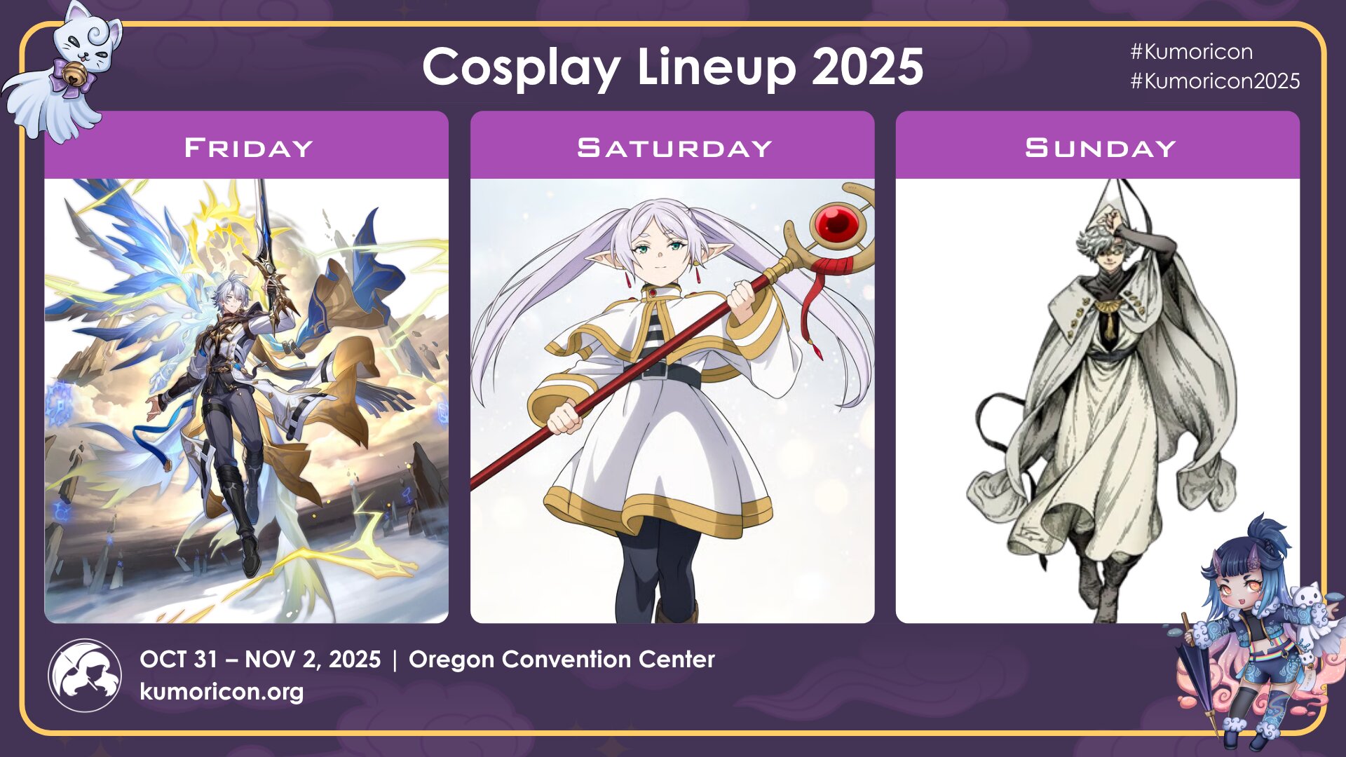 Cosplay frame template for Friday–Sunday, 16×9 aspect ratio
