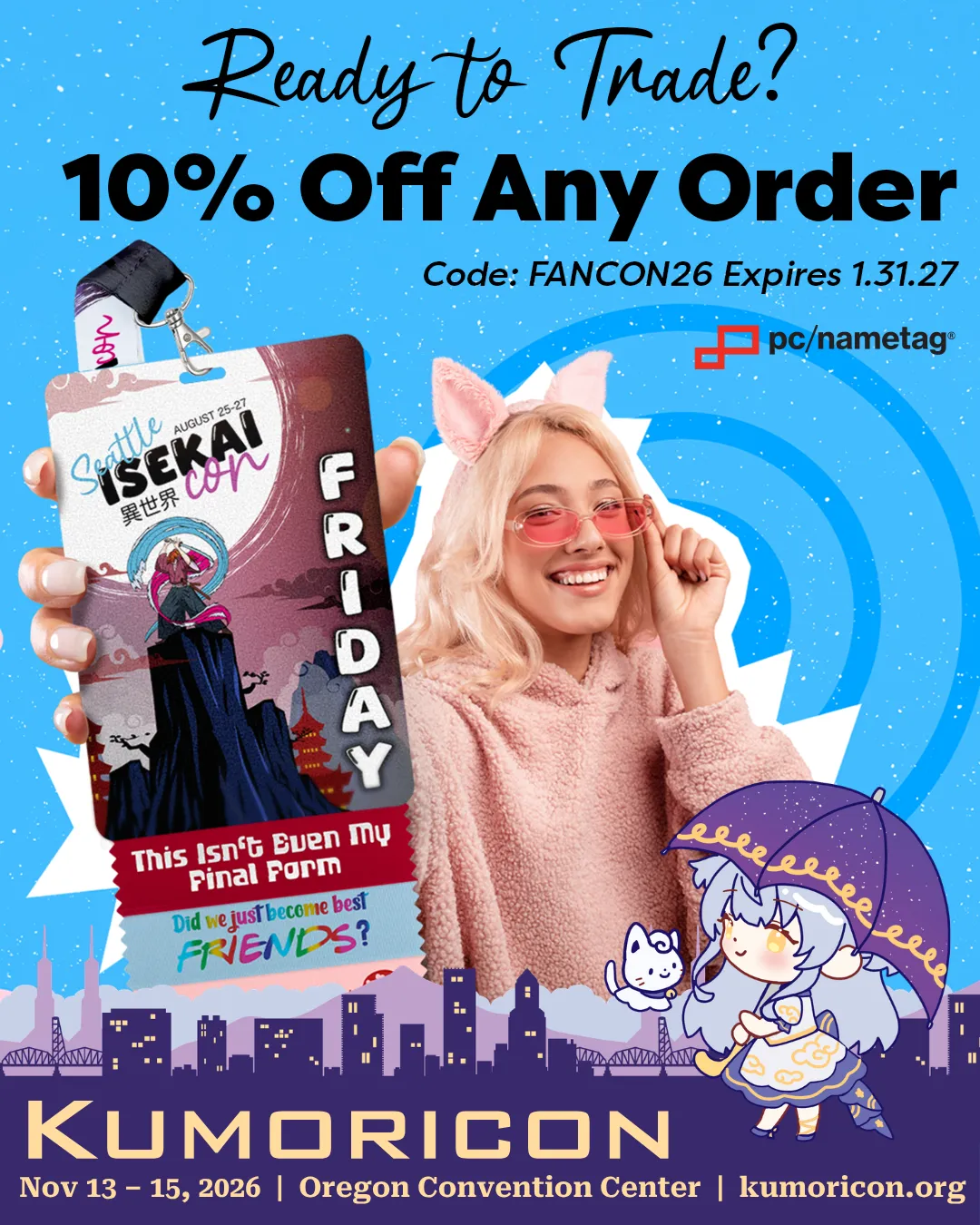 Announcement that says '10% off any order' presented by pc/nametag