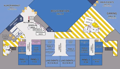 A floor map of the convention center showing locations for registration, main events, and various panel rooms, with a 'We're sorry' sign over a construction area.