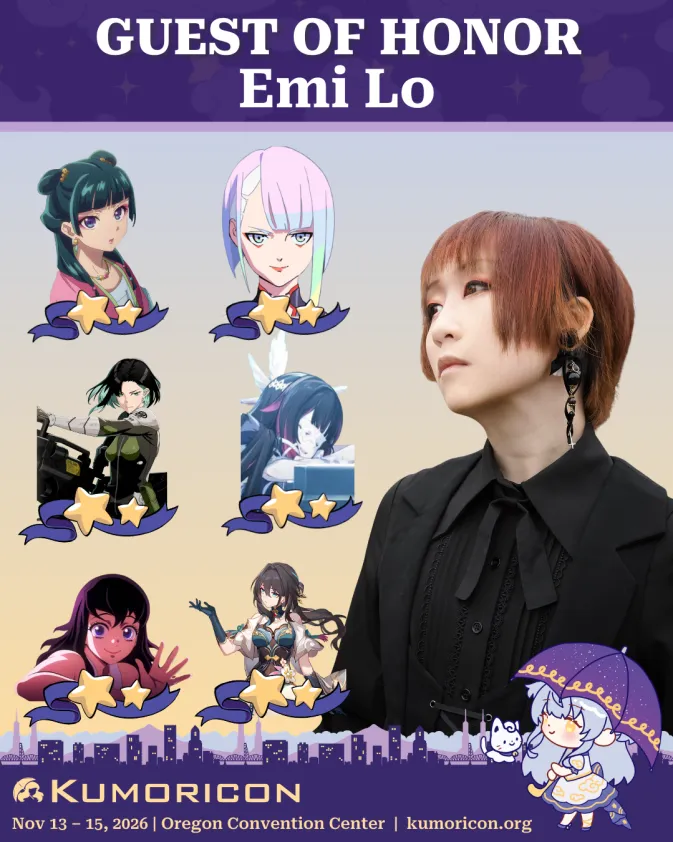 Announcement that says 'GUEST OF HONOR Emi Lo' and features a picture of Emi Lo and 6 characters they have voiced. From left to right, top to bottom they are Maomao from The Apothecary Diaries, Lucy from Cyberpunk: Edgerunners,  Rin Shinonome from Kaiju No 8,  Columbina from Genshin Impact,  Suma from Demon Slayer, and Ruan Mei from Honkai: Star Rail