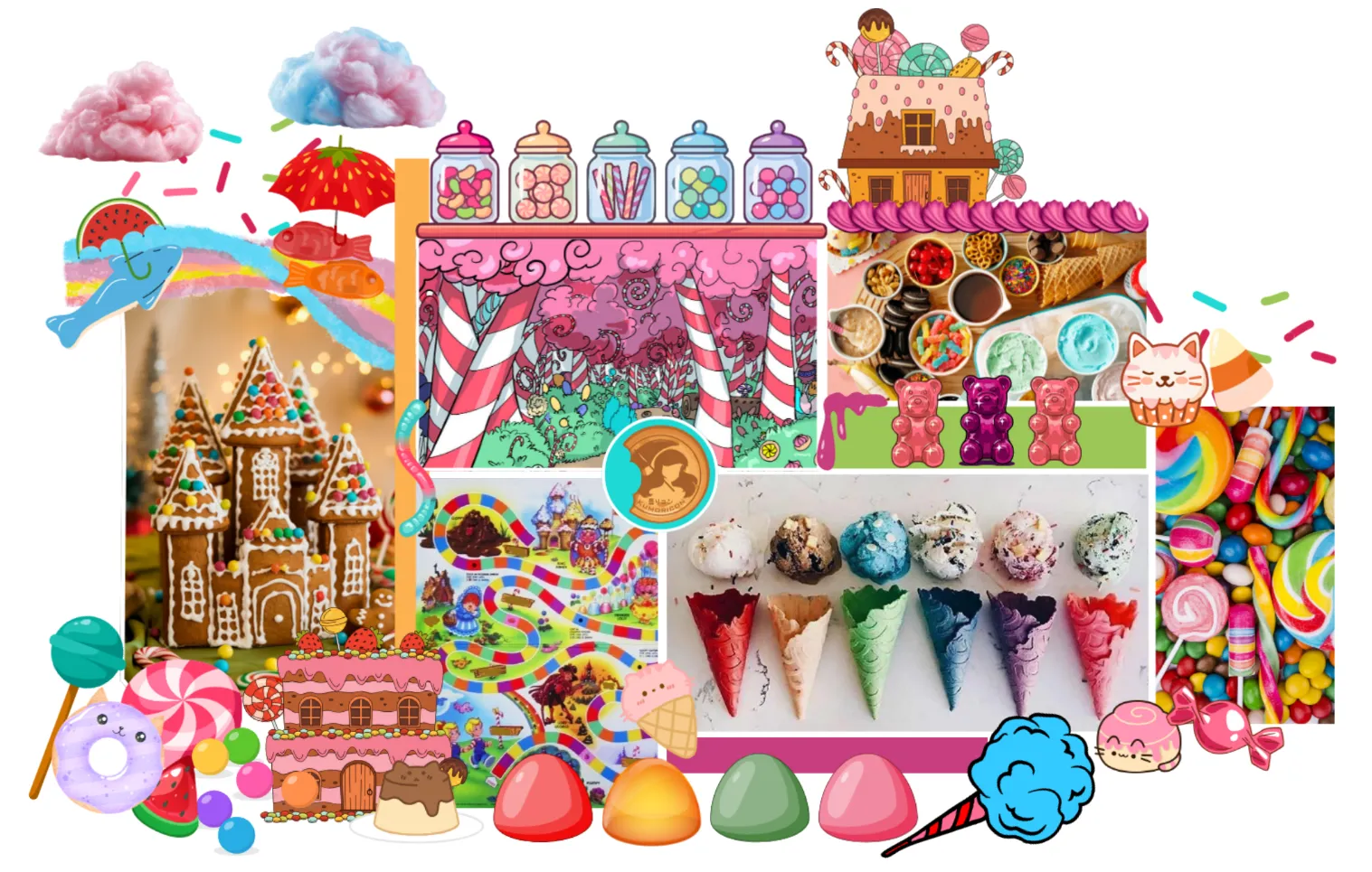 A collage of assorted candy land themed images, including gingerbread houses, gummy bears, icecream, cotton candy, fruits, and the umbrella girl icon on a partially eaten cookie.