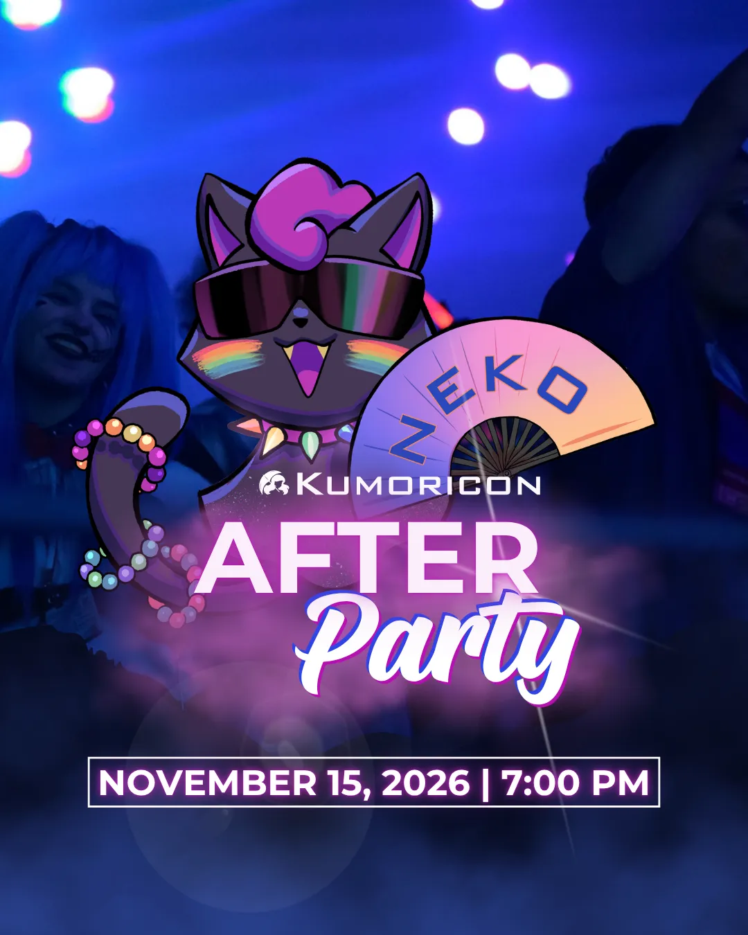 Announcement that says 'Kumoricon After Party' with 'November 15, 2026 | 7:00 PM'