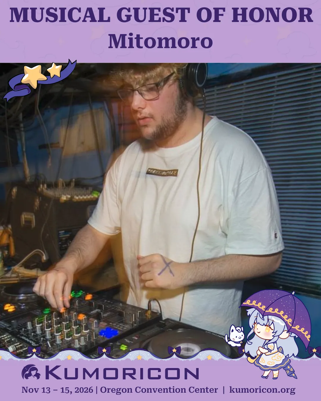 Announcement that says 'Musical guest of honor DJ Mitomoro'