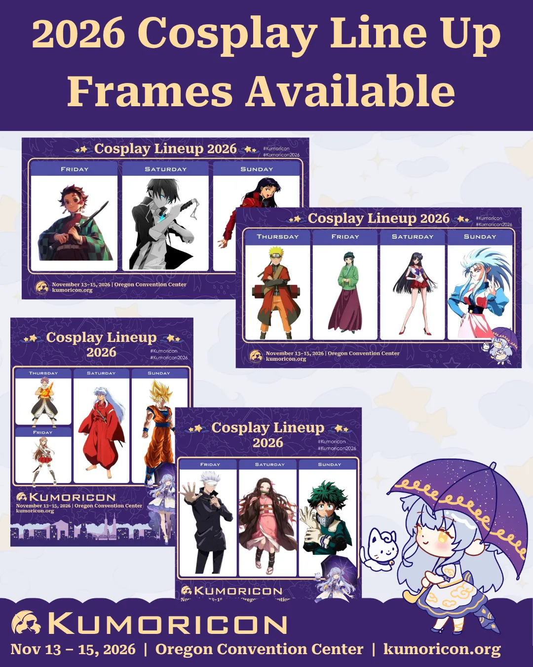 Announcement that says 'Cosplay line up frames available'