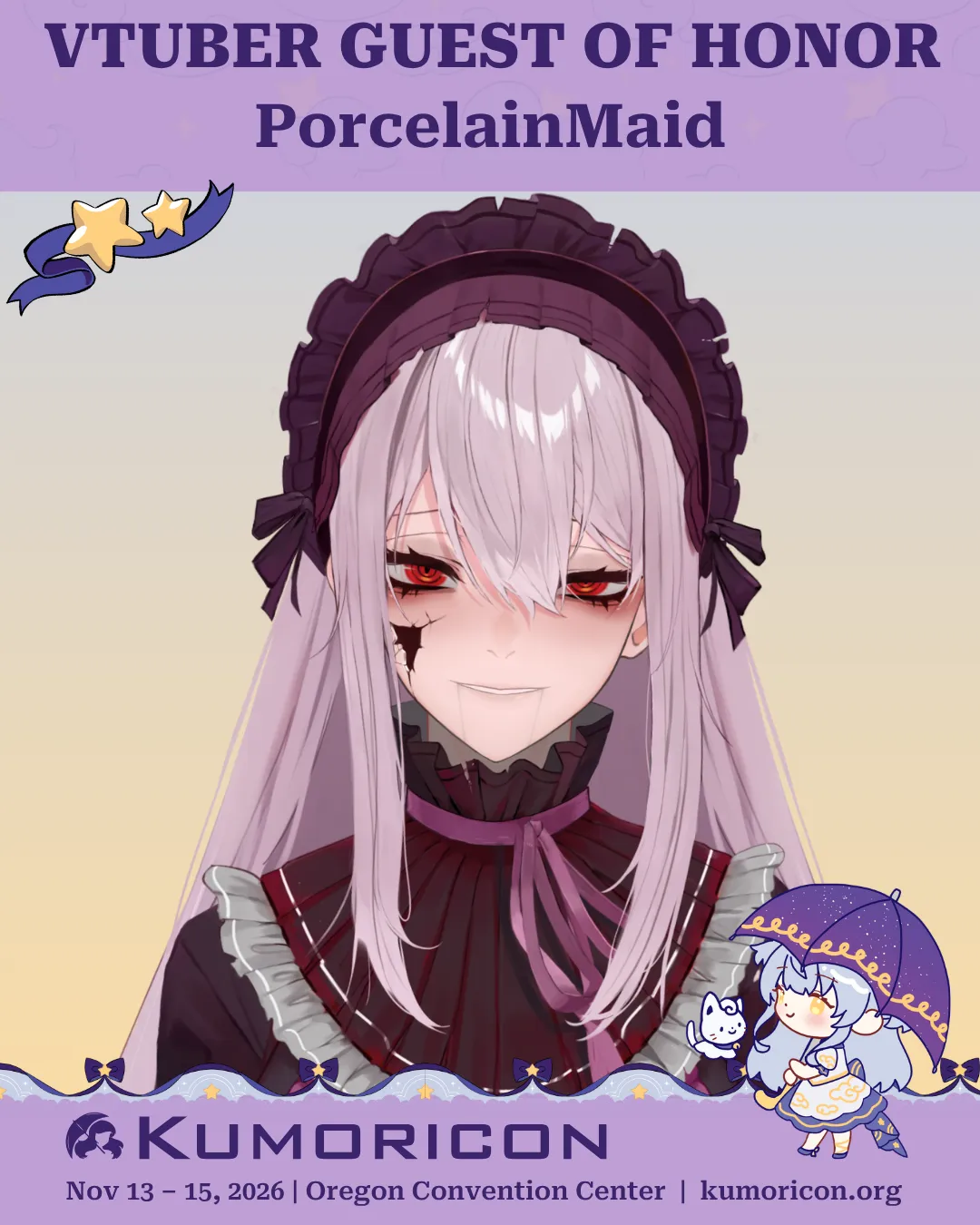 Announcing PorcelainMaid Announcement that says 'VTuber guest of honor PorcelainMaid'