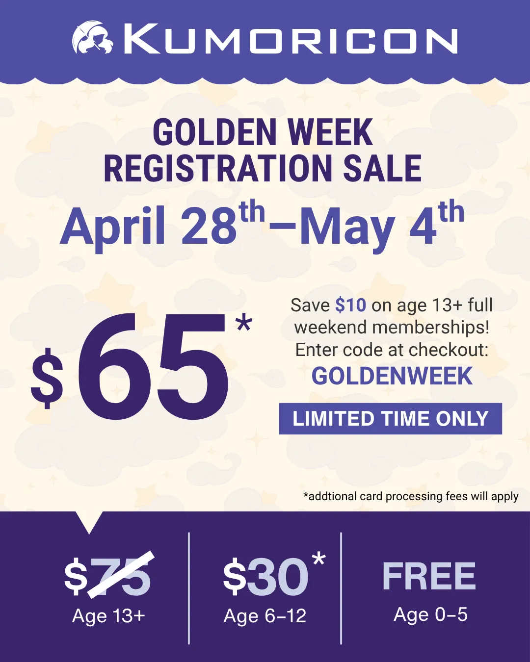 Announcement that says 'Golden Week Registration Sale'