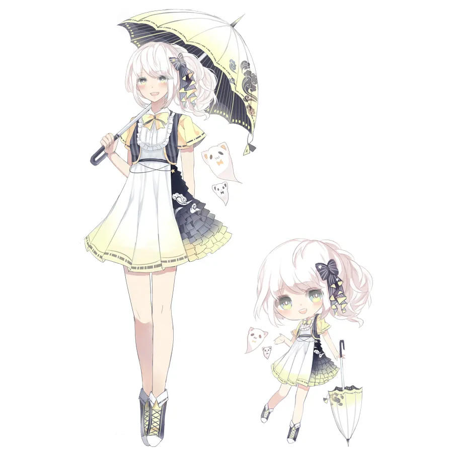 Artwork of the 2018 mascot winner featuring a light-haired character with a decorative umbrella, in both full-body and chibi styles.