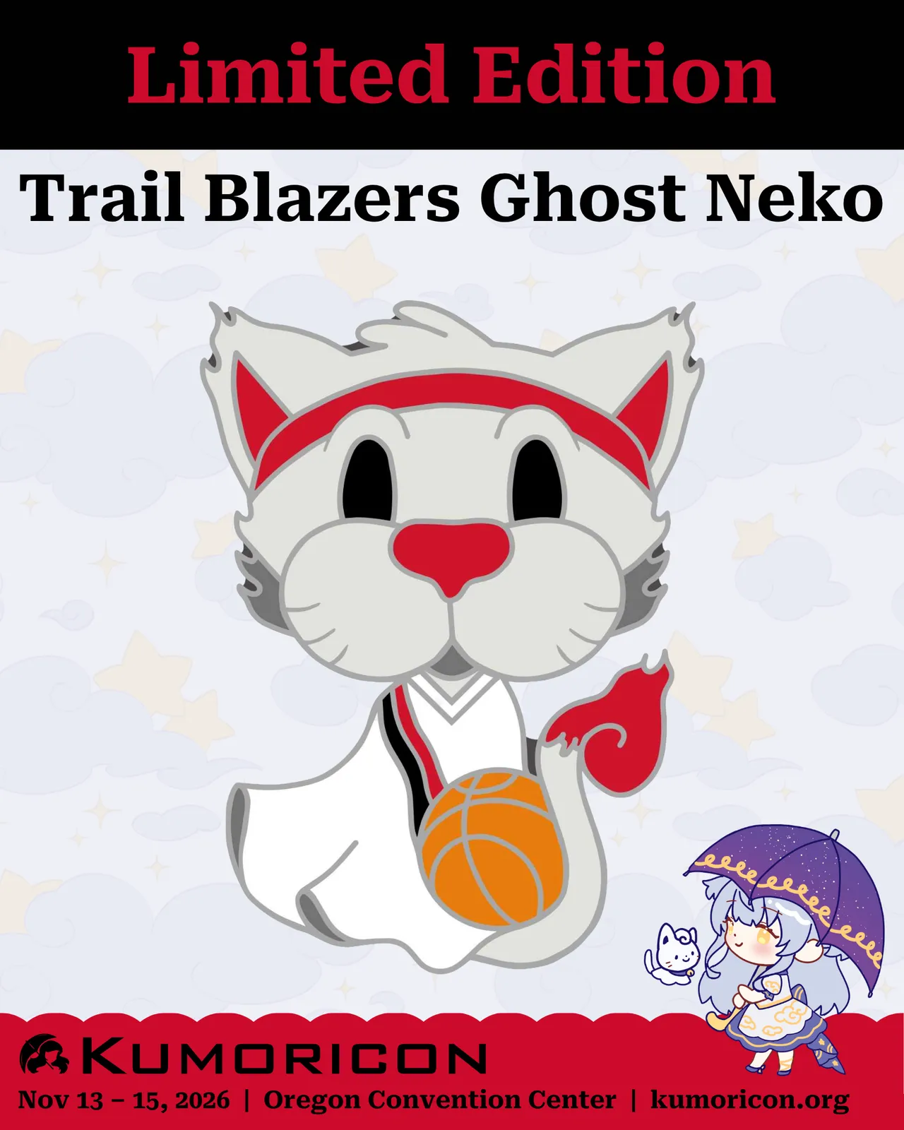 Announcement that says 'Limited edition Trail Blazers ghost neko' with a picture of the pin
