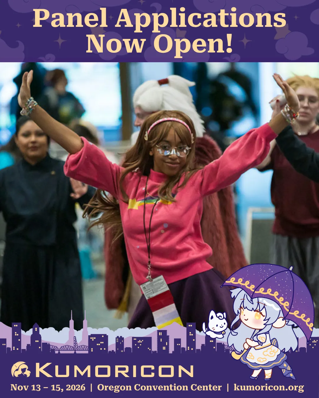 Promotional graphic for Kumoricon reading 'Panel Applications Now Open!' featuring a smiling attendee dancing with arms raised.