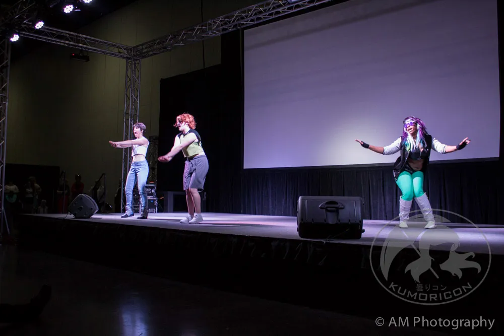 Three performers spread out across the stage during a 2017 Lip Sync Showdown performance.