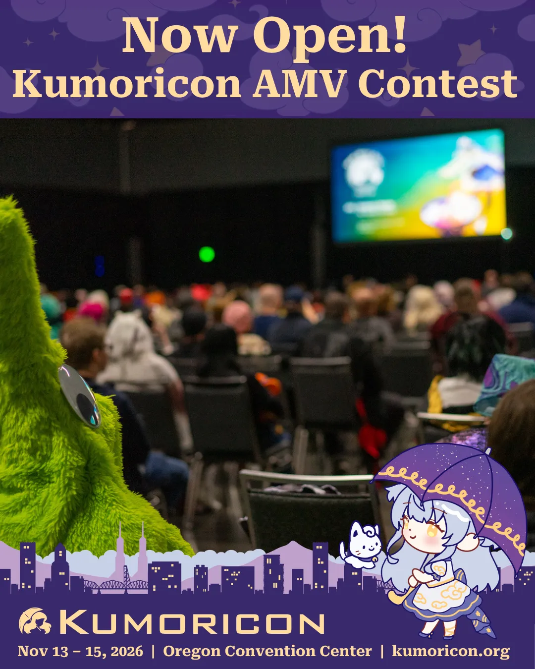 Announcement that say 'Kumoricon AMV Contest now open'