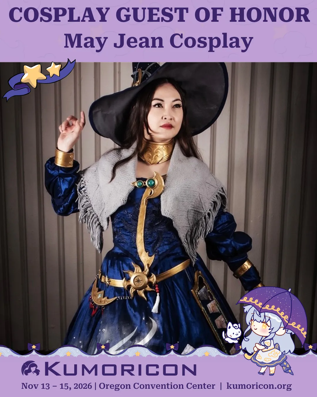Announcement that says 'Cosplay guest of honor May Jean Cosplay'