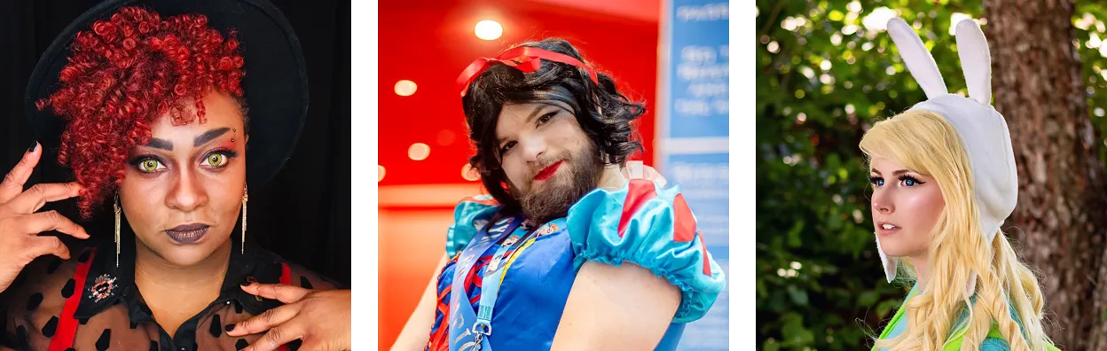 Side-by-side portraits of Black Bettie Cosplay, 4EVERKaito, and Stacy's Cosplay Adventures.