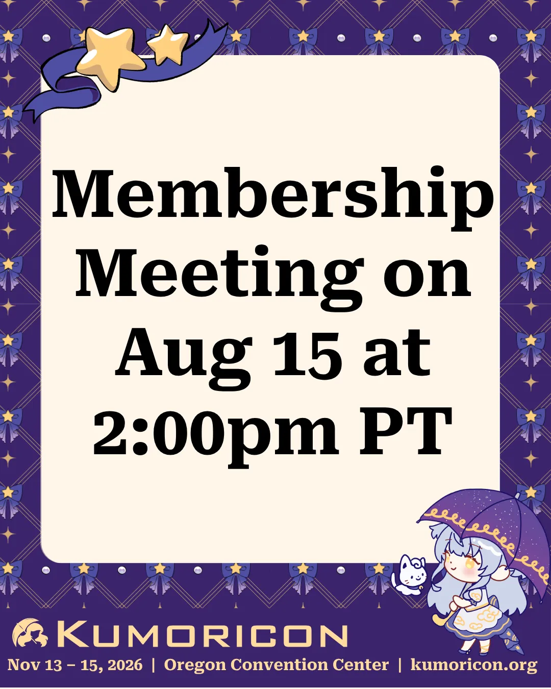 Announcement that says 'Membership meeting at Aug 15 at 2:00pm'