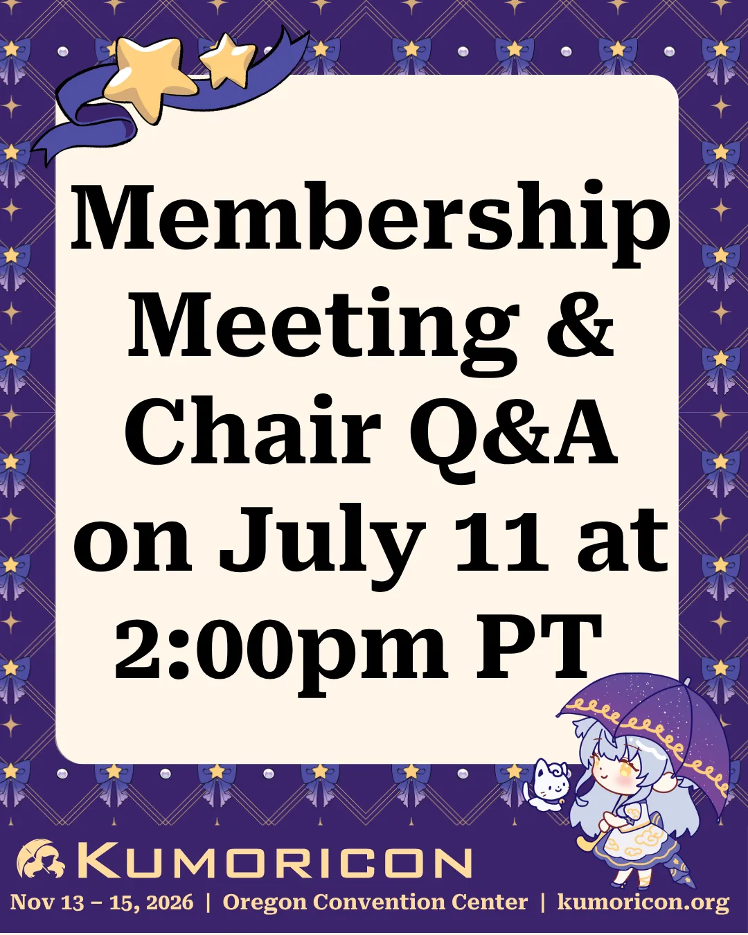 Announcement Membership meeting and chair Q&A Announcement that says 'Membership meeting and chair Q&A on July 11 2:00pm'