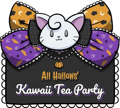 Logo for 'All Hallows' Kawaii Tea Party' featuring a white cat head on a Halloween-themed purple and orange bow.