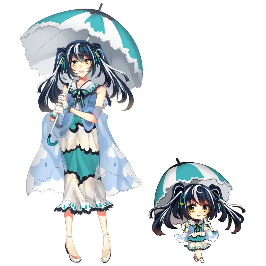 Artwork of the 2017 mascot winner featuring a dark-haired character with an umbrella, in both full-body and chibi styles.