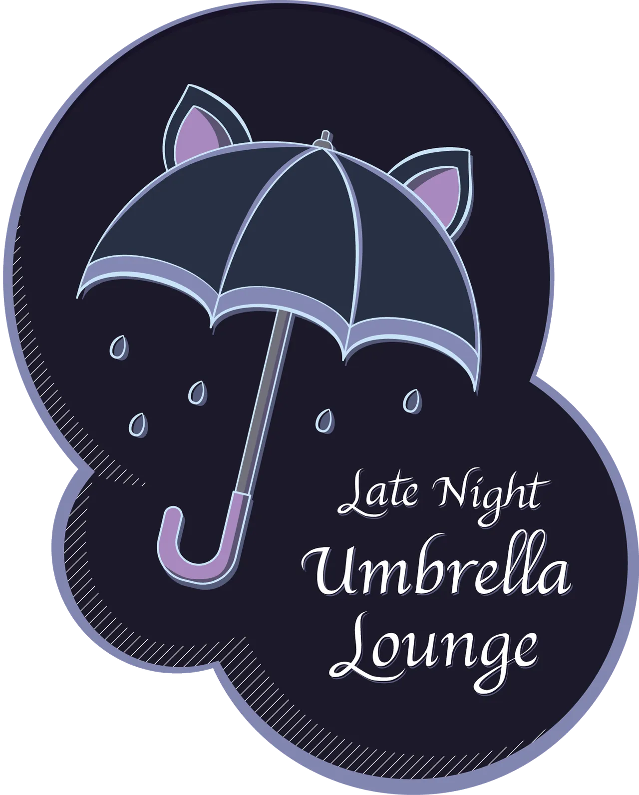 Logo for 'Late Night Umbrella Lounge' featuring a dark umbrella with cat ears and raindrops.