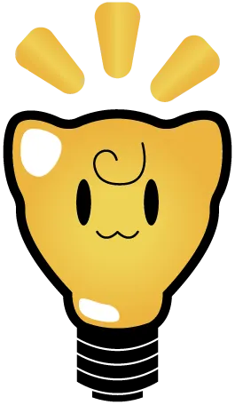 A cute lightbulb with a cat face and ears, glowing with gold rays.