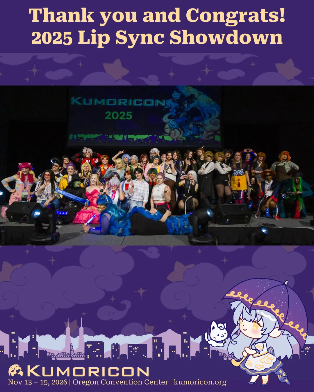 Announcement post that says 'Thank you and Congrats! 2025 Lip Sync Showdown!' and features a photograph of all of the participants.