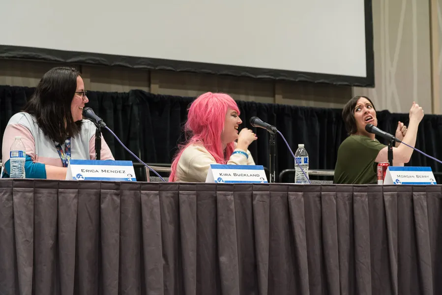 Erica Mendez, Kira Buckland, and Morgan Berry on a panel