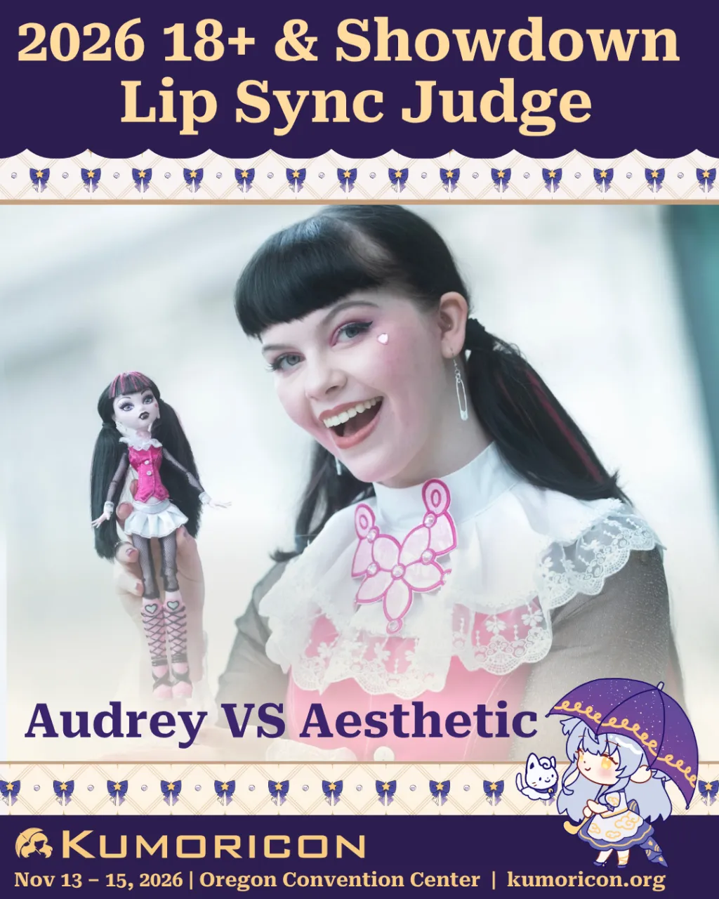 Announcement that says '2026 18 Plus and Showdown Lip Sync Judge Audrey Vs Aesthetic'
