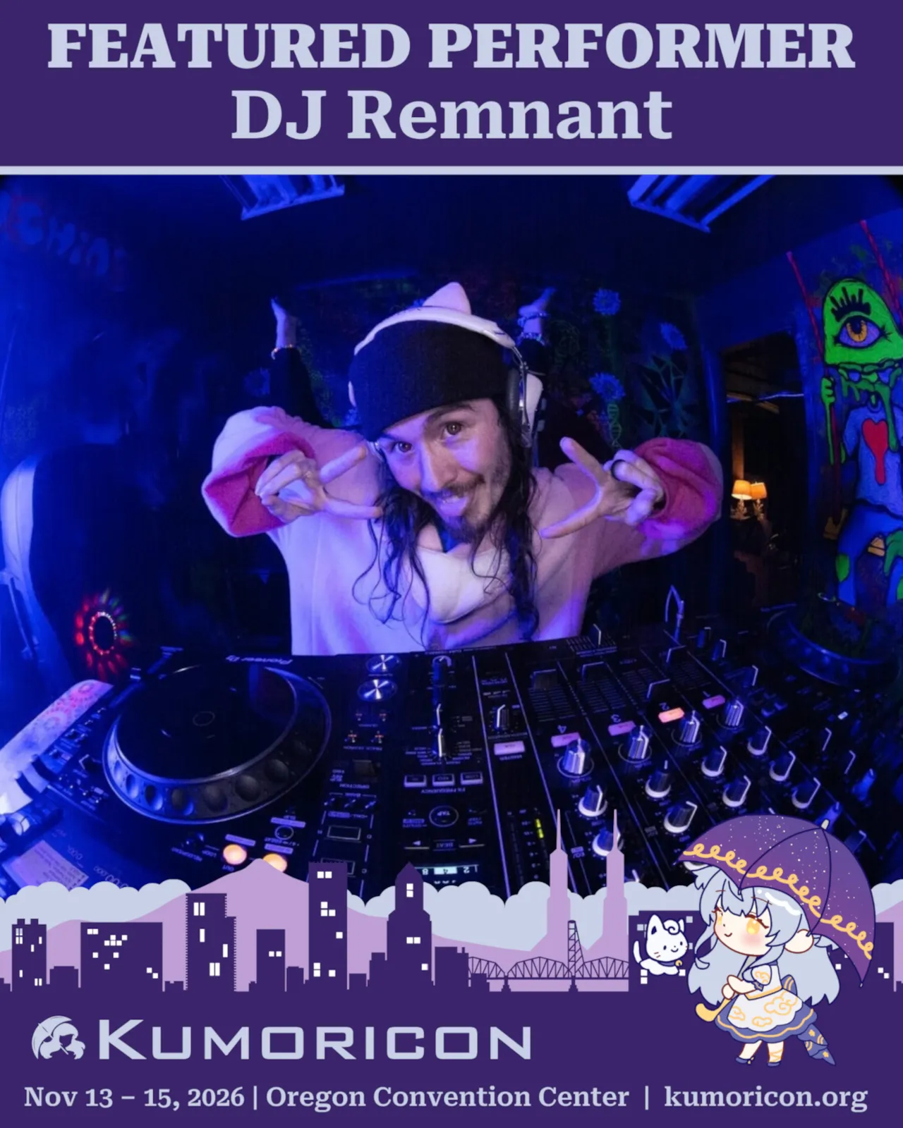 Announcement that says 'Featured Performer DJ Remnant' with picture of DJ with soundboard