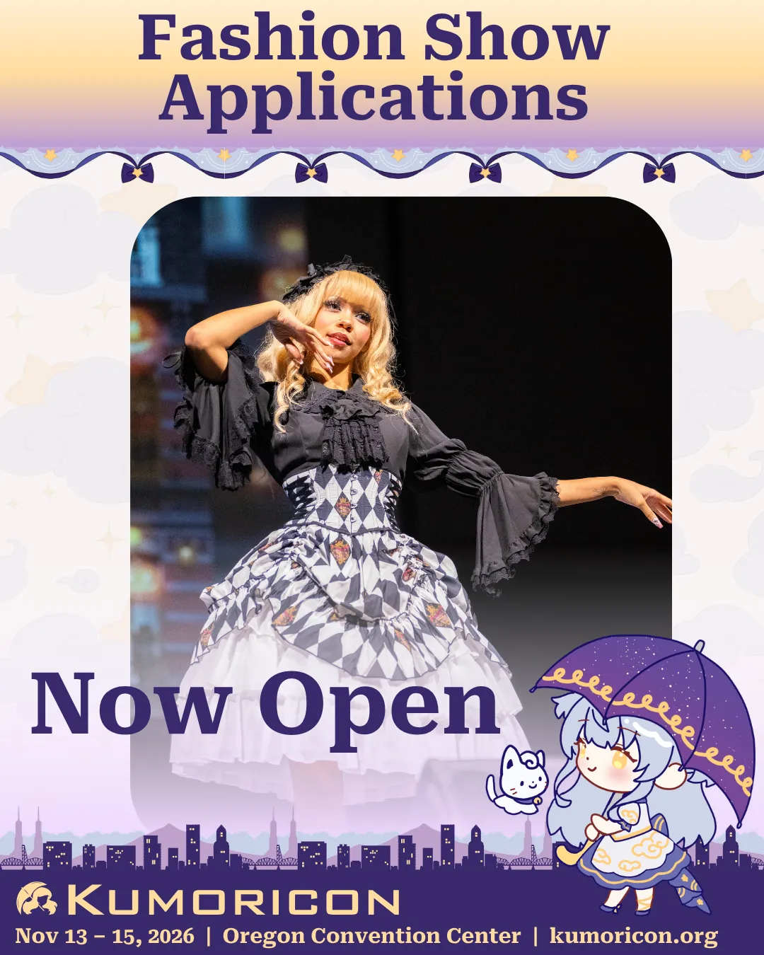 Promotionial graphic that says 'Fashion Show Applications Now Open'