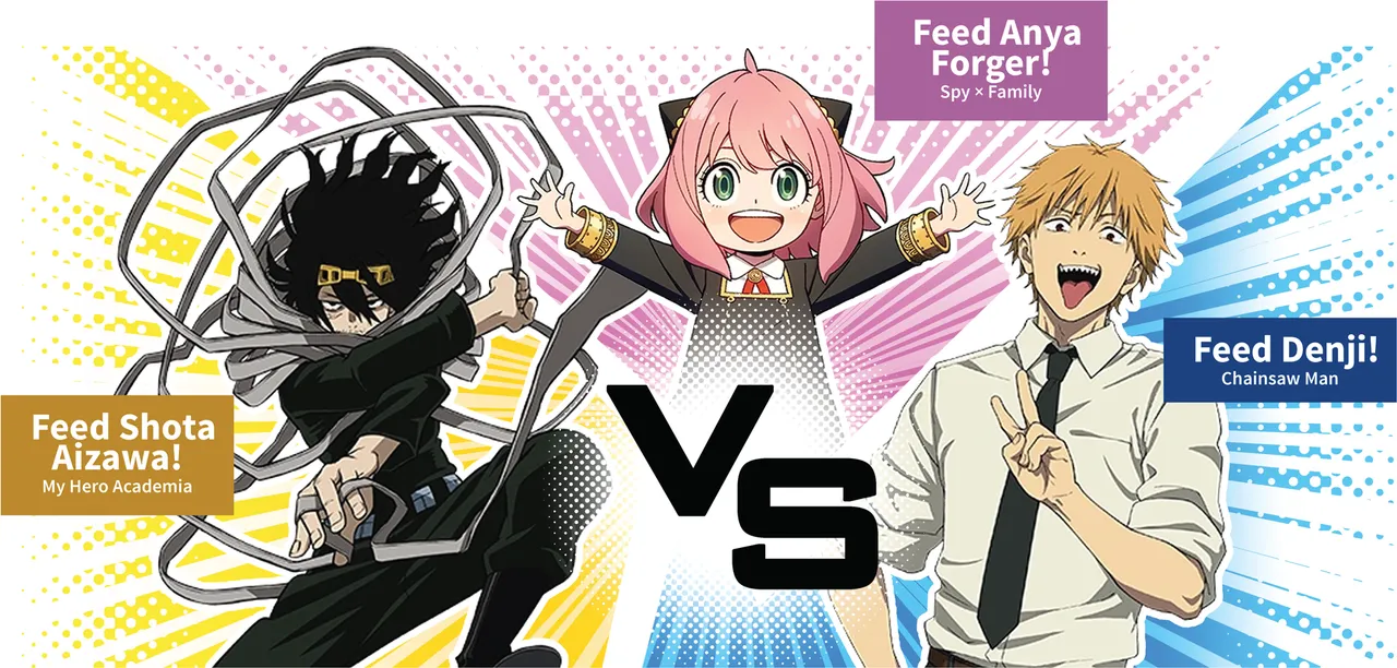 Promotional graphic for a 'Food Wars' food drive featuring anime characters from My Hero Academia, Spy x Family, and Chainsaw Man.