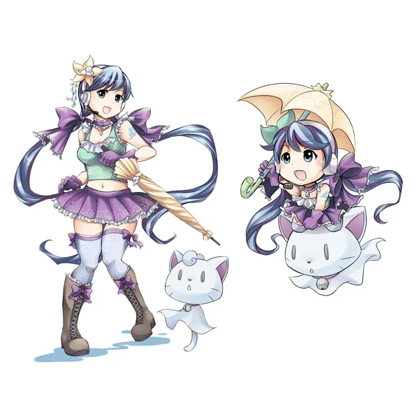 Artwork of the 2016 mascot winner featuring a character with long blue and white hair and a matching umbrella, in both full-body and chibi styles.