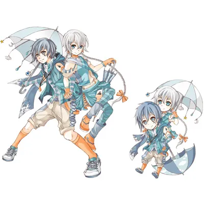Artwork of the 2013 mascot winner featuring two characters with silver hair and blue outfits under a matching umbrella, in both full-body and chibi styles.