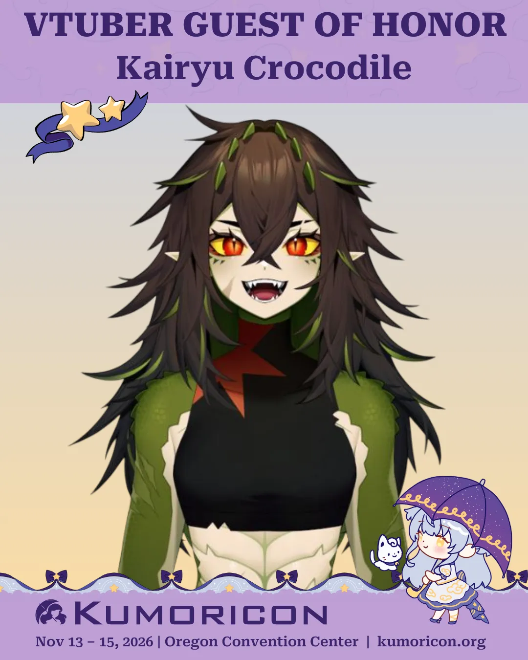 Announcing VTuber Guests of Honor Kairyu Crocodile Announcement that says 'VTuber guest of honor Kairyu Crocodile'
