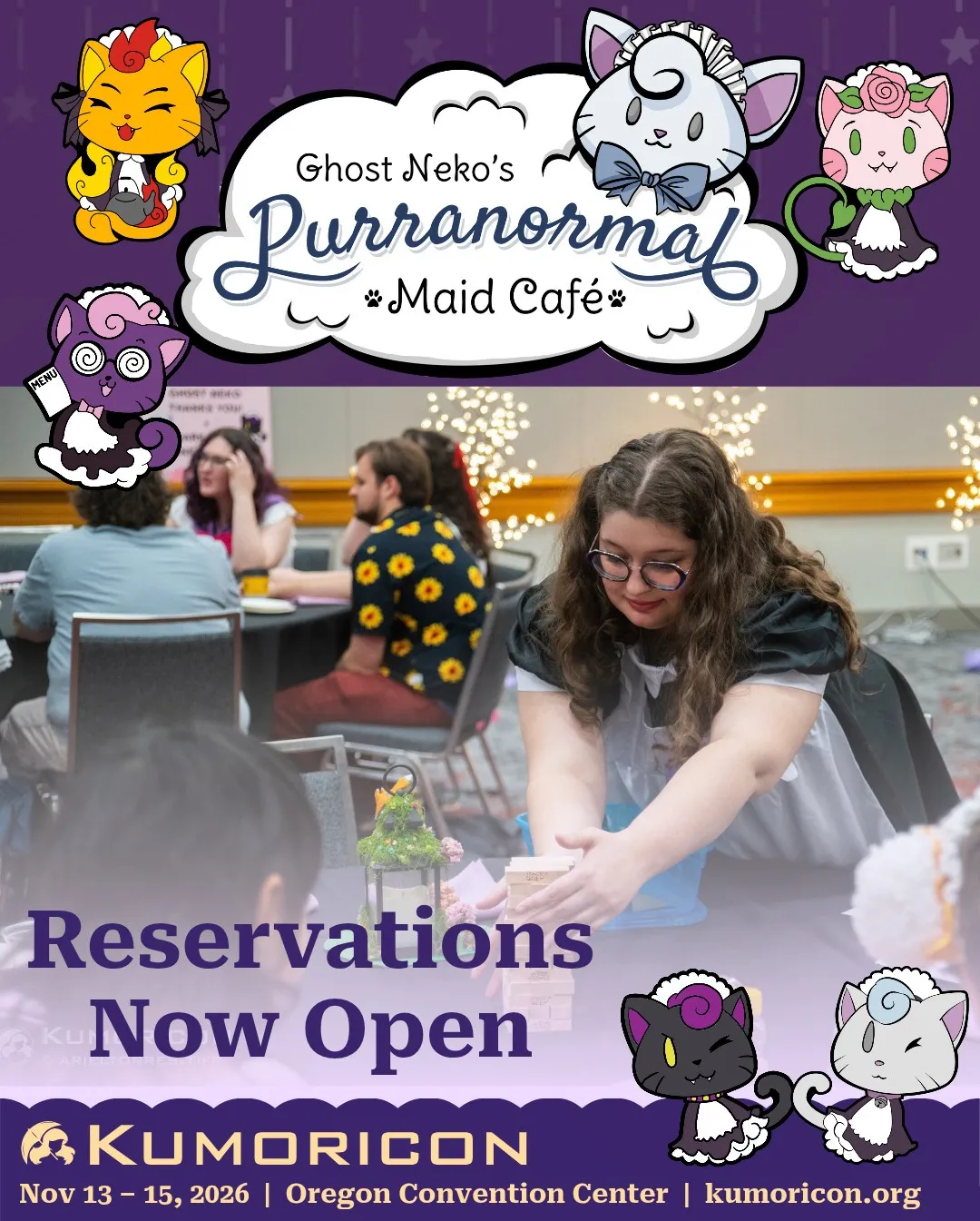 Reservations now open for maid cafe Announcement that says 'Reservations now open' alongside maid cafe logo