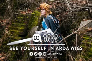 Promotional graphic for Arda Wigs featuring a cosplayer in a blue and black outfit holding a sword, with the text 'See yourself in Arda Wigs'.