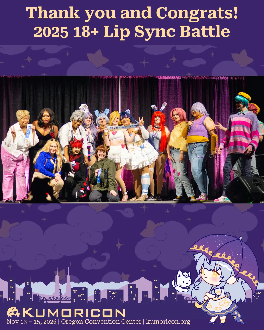 Announcement post that says 'Thank you and Congrats! 2025 18+ Lip Sync Battle' and features a photograph of all of the participants.