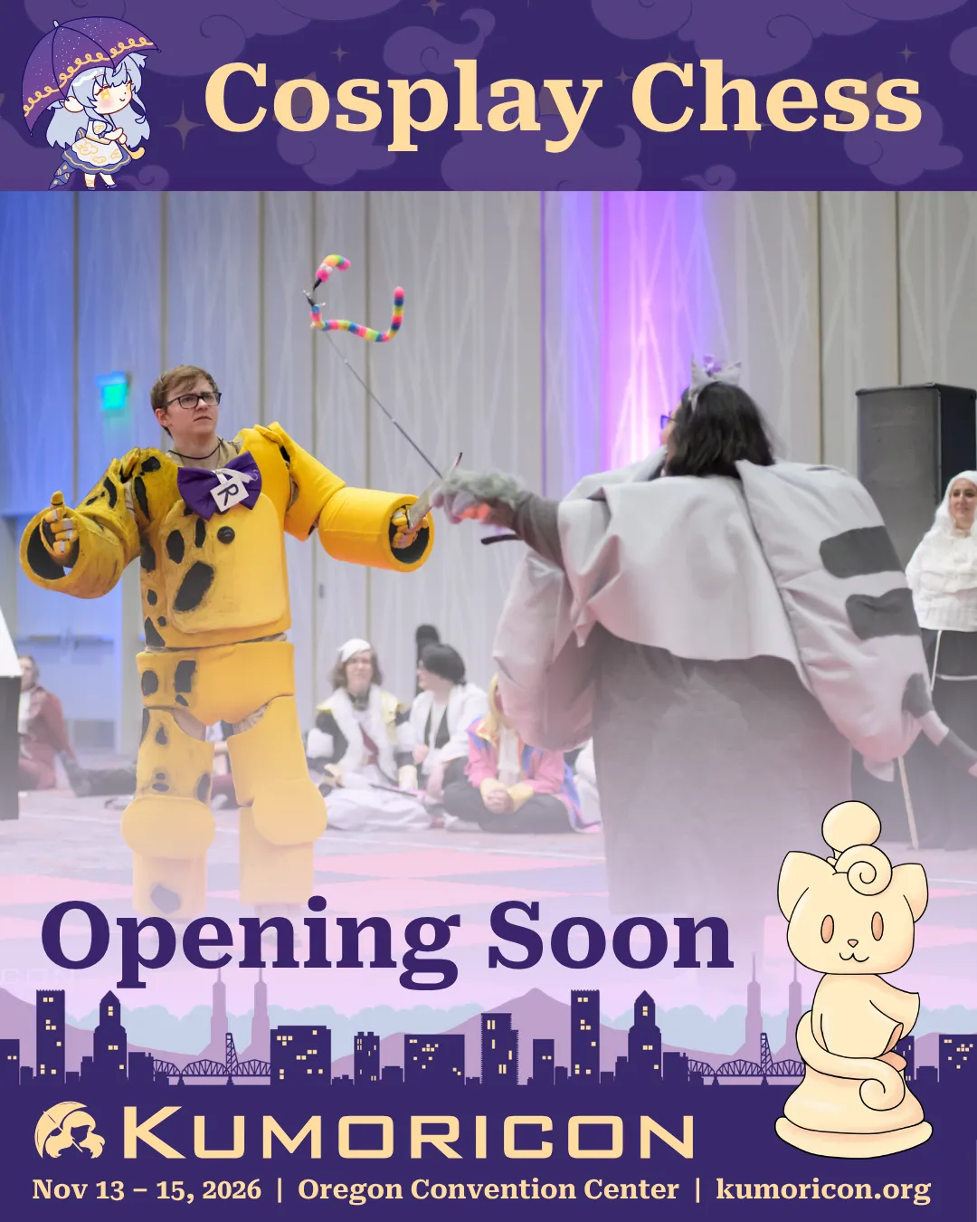 Announcing Cosplay Chess opening soon Announcement that says 'Cosplay Chess opening soon'