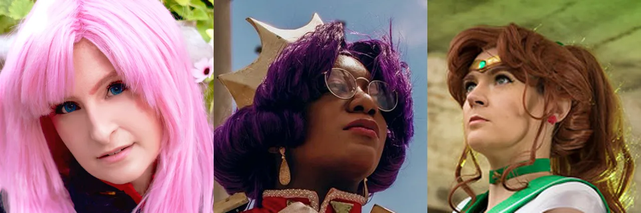 Close-up portraits of three cosplay contest judges in detailed costumes.