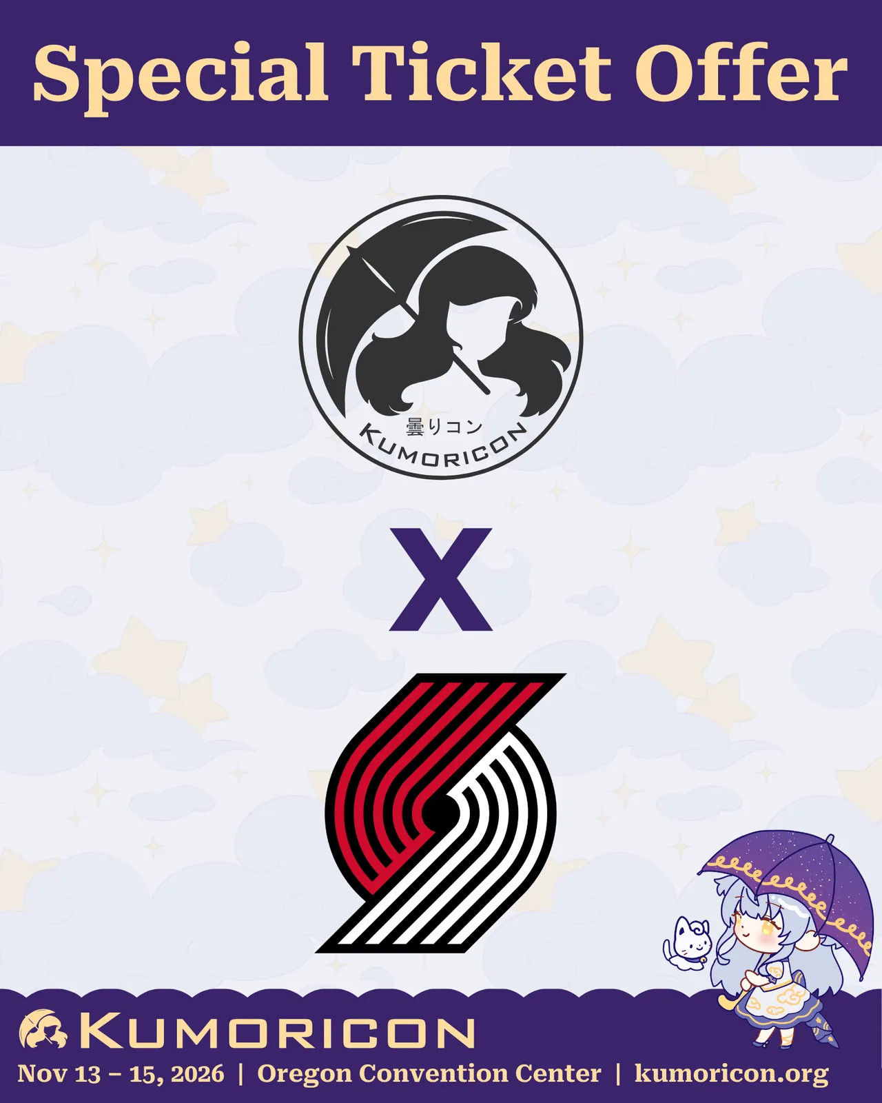 Announcing Special ticket offer Announcement that says 'Special ticket offer' showing the Kumoricon and Trail Blazers logo