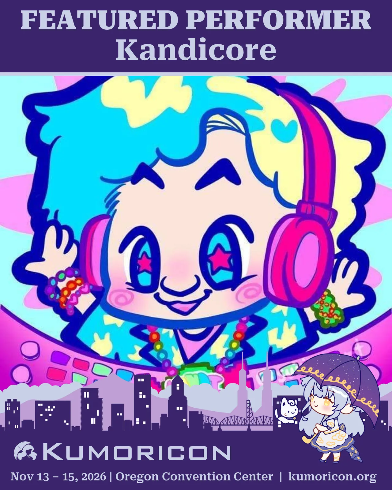 Announcement that says' Featured Performer Kandicore' with a artwork of the performer