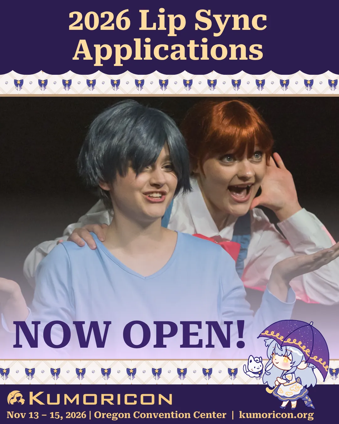 2026 Lip Sync Applications now open Two people doing lip sync with '2026 Lip Sync Applications now open'