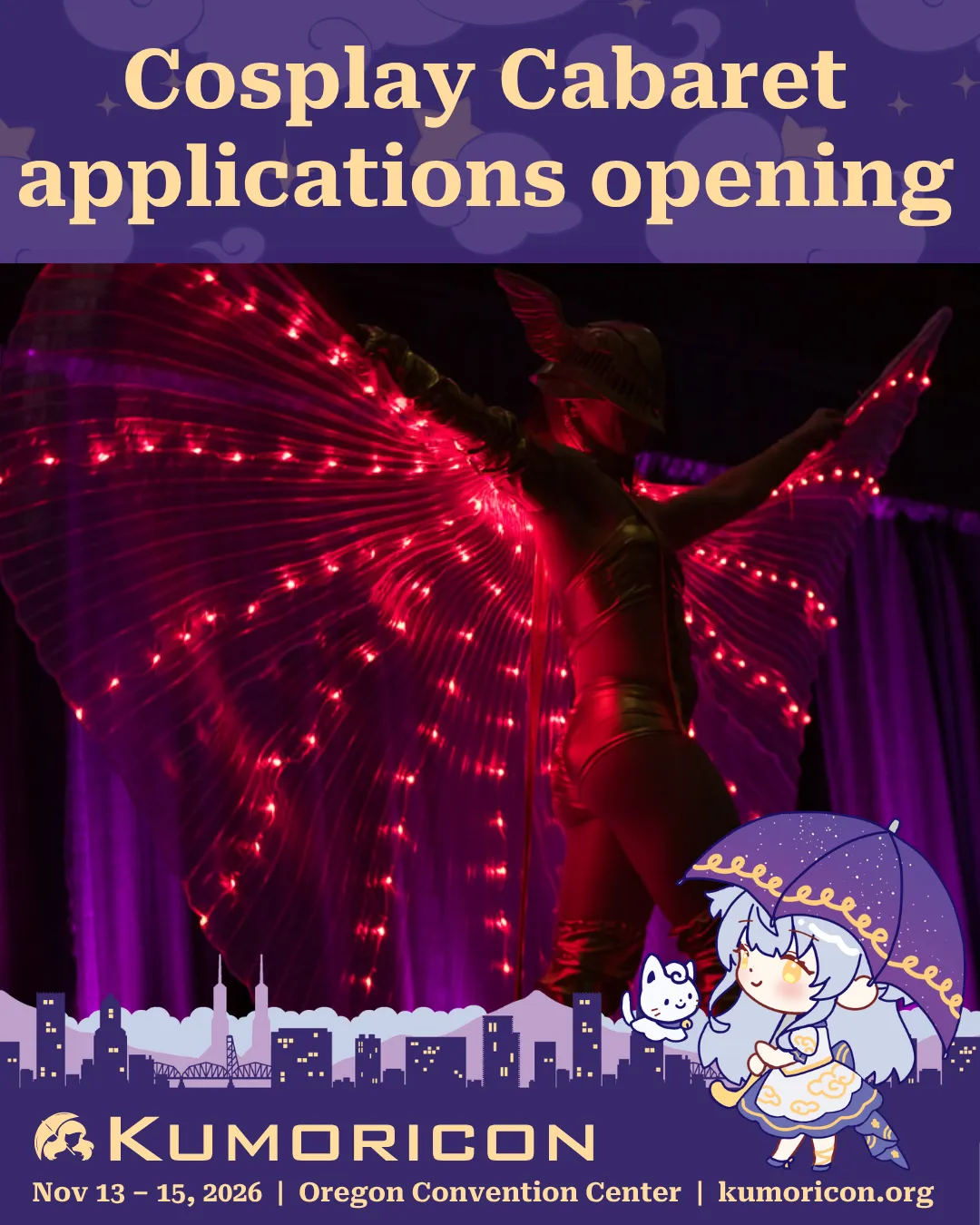 Performer on stage with text 'Cosplay Cabaret application opening'