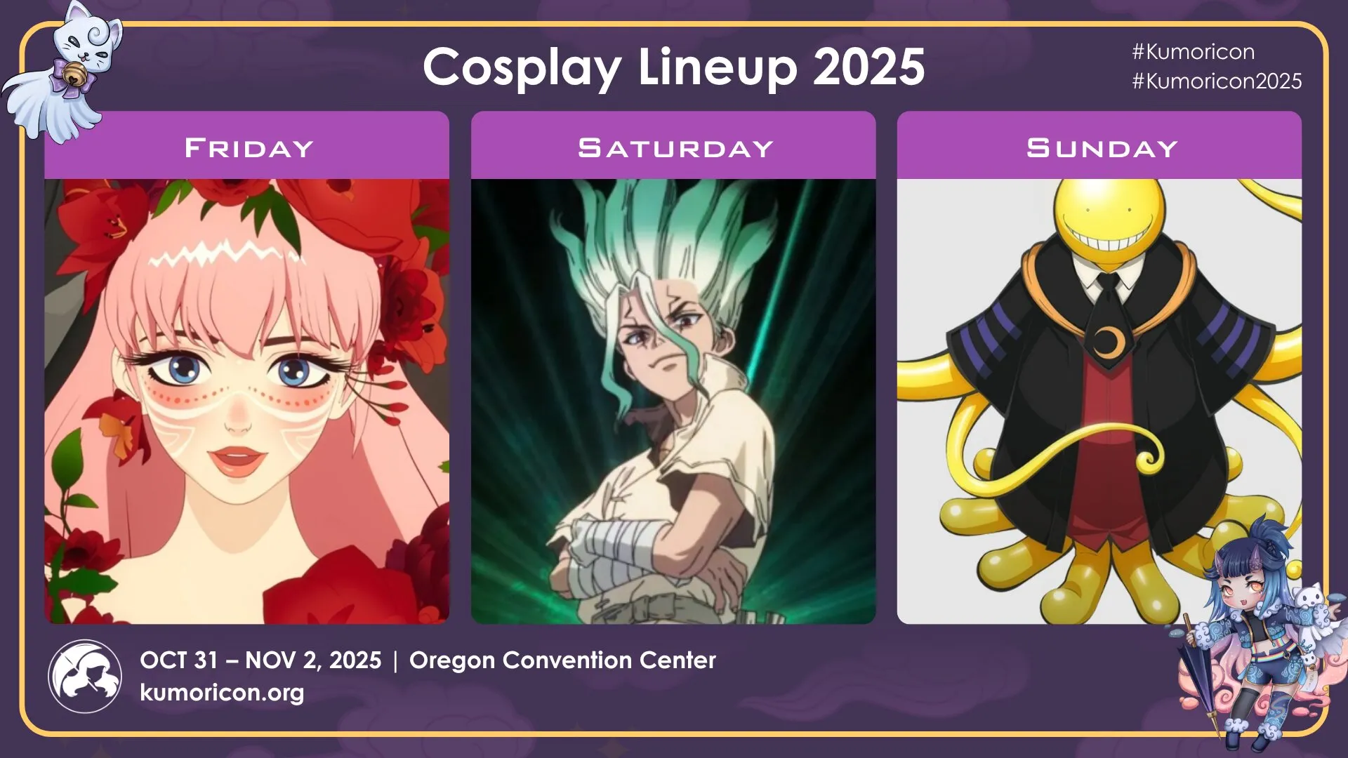 Cosplay frame template for Friday–Sunday, 16×9 aspect ratio