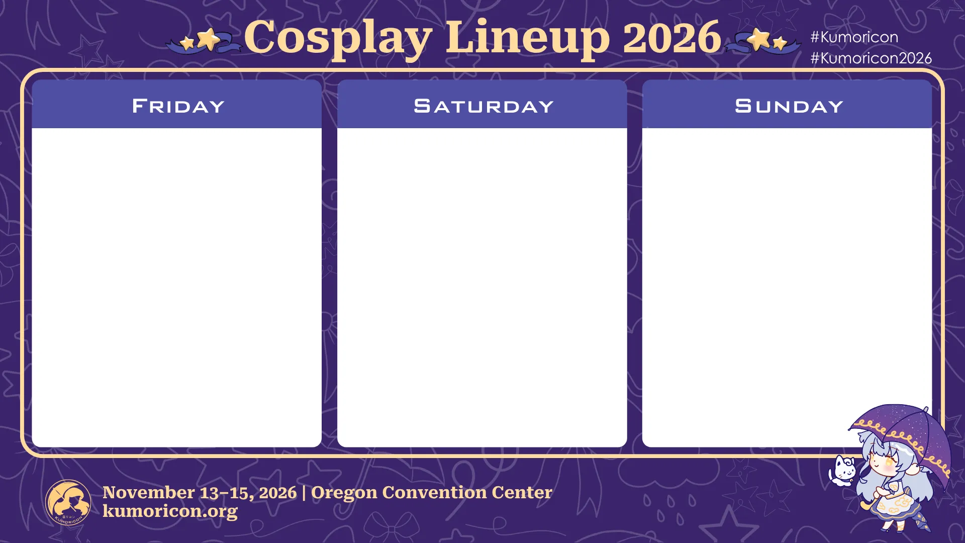 Cosplay frame template for Friday–Sunday, 16×9 aspect ratio