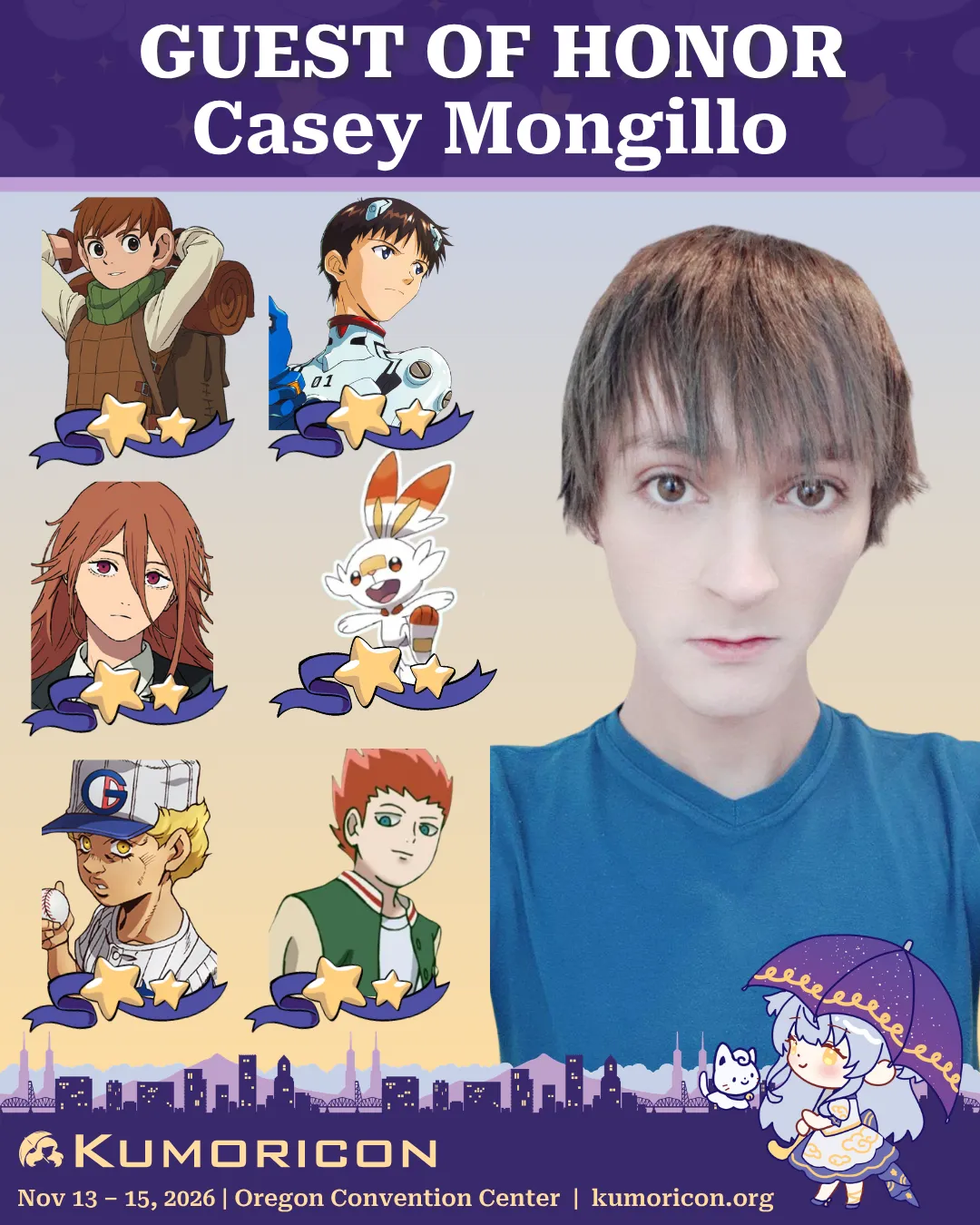 Announcement that says 'Voice Actor guest of honor Casey Mongillo'