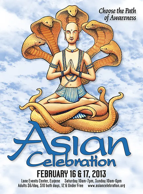 Promotional flyer for the 2013 Asian Celebration featuring a character with five cobras above their head, in a meditative pose.