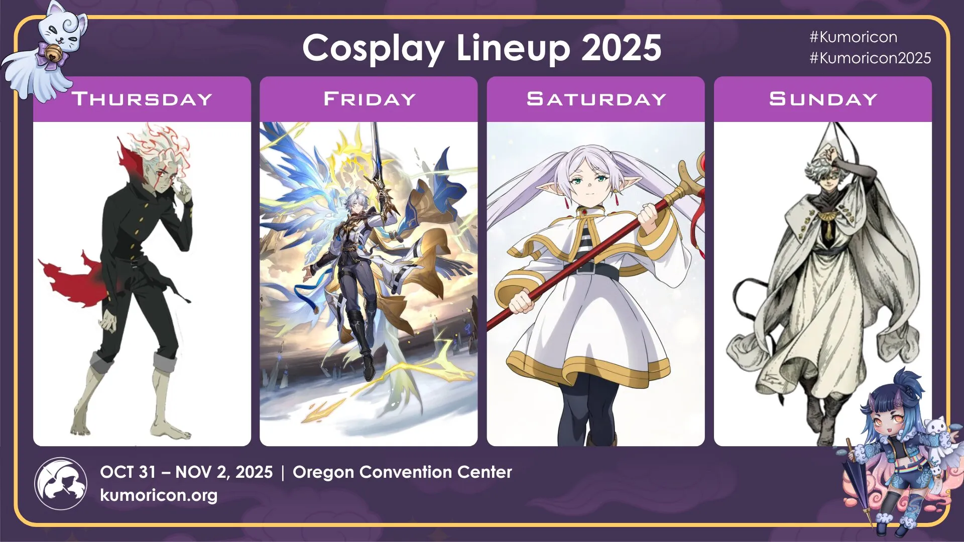 Cosplay frame template for Thursday–Sunday, 16×9 aspect ratio