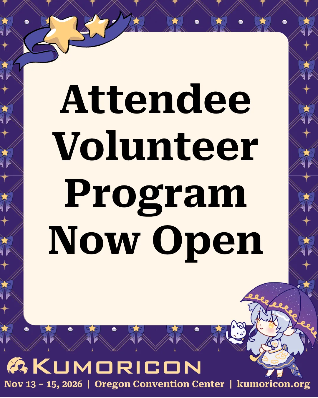 Announcement that says 'Attendee Volunteer Program Now Open'