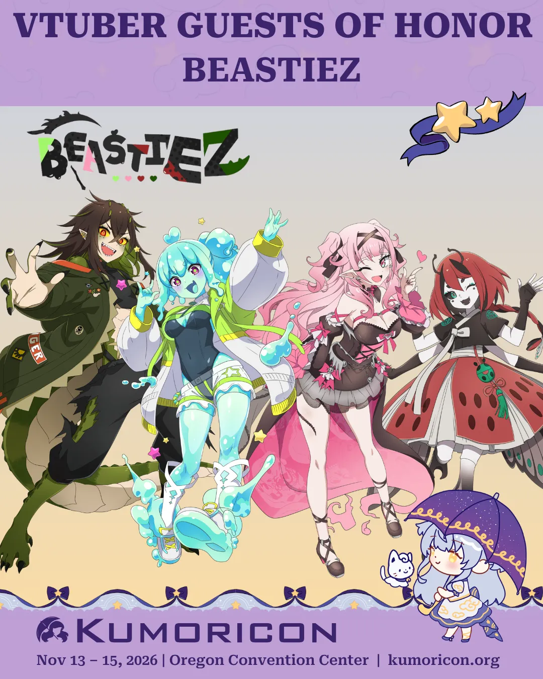 Announcement that says 'VTuber guests of honor BEASTIEZ' with group photo of VTubers